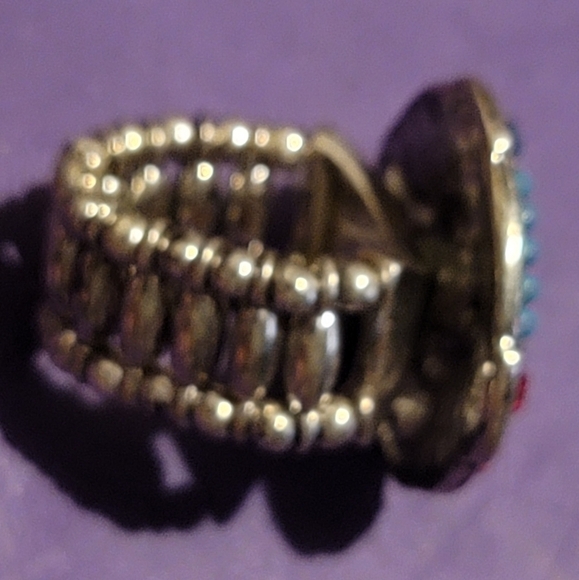 Antique ring SILVER TONE ENAMEL PASTEL GLASS VICTORIAN ring stretch band - Picture 6 of 11